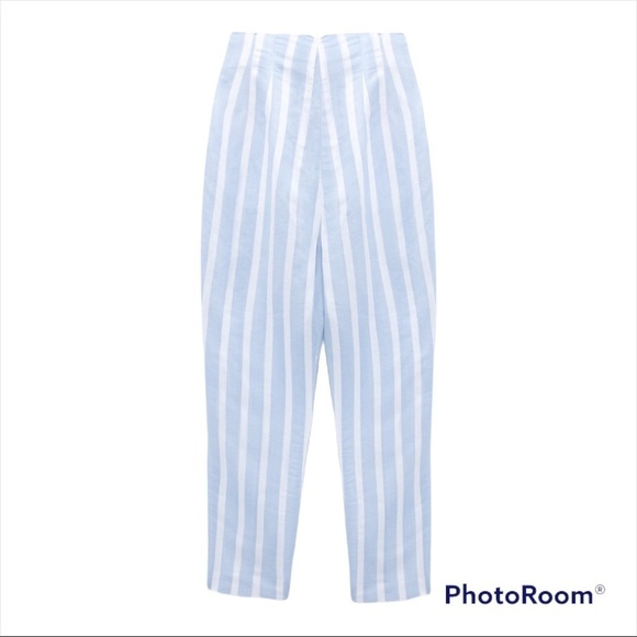 NWT ZARA Blue White Striped Linen Blend High Rise Cropped Trousers Size Medium - Picture 7 of 11